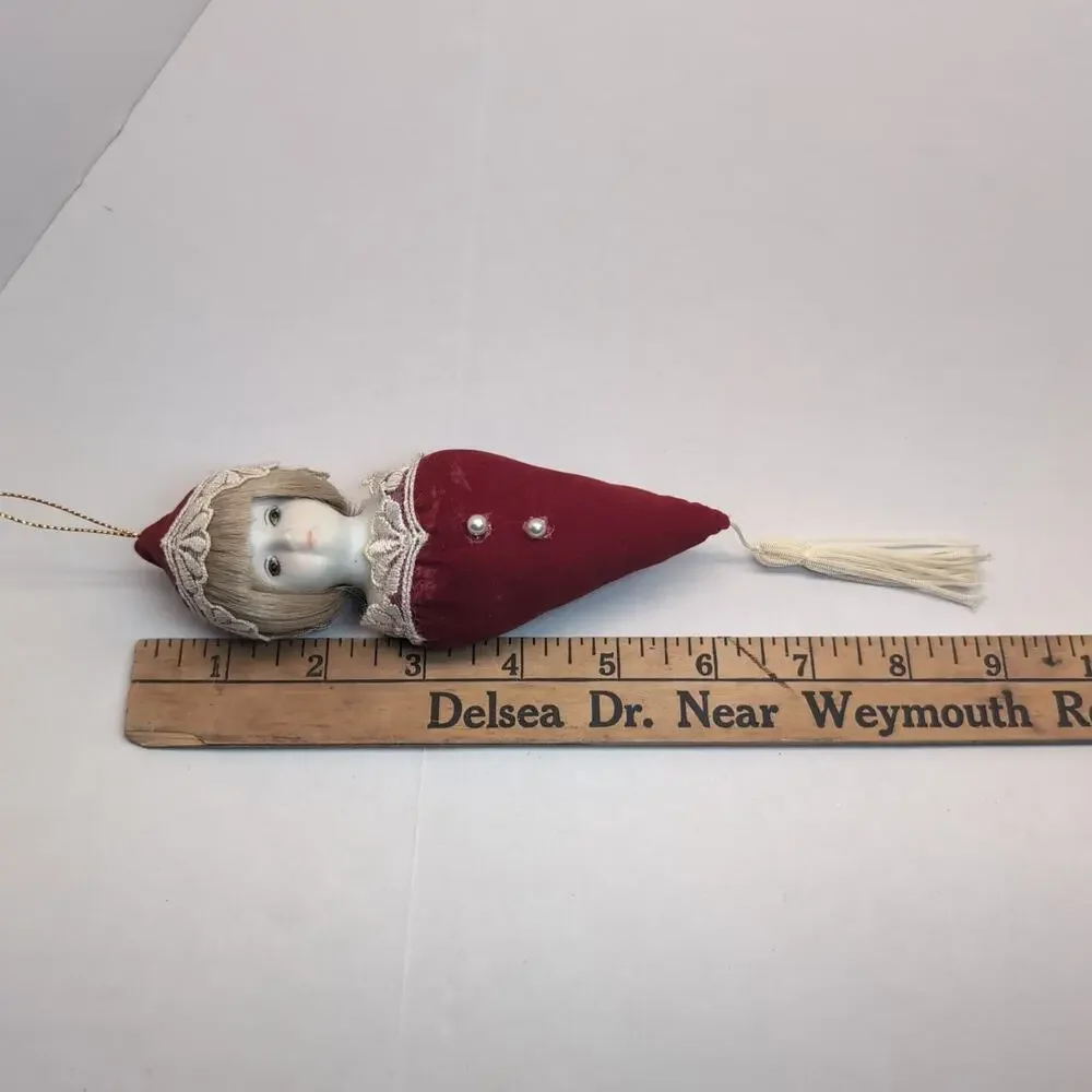 Kurt Adler Christmas Ornament Porcelain Face Victorian Red‎ Velvet Lace 1982